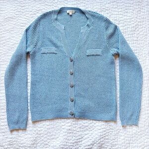 Laura Blue Knit Shimmer Cardigan - Elegant Laura Button Up Sweater